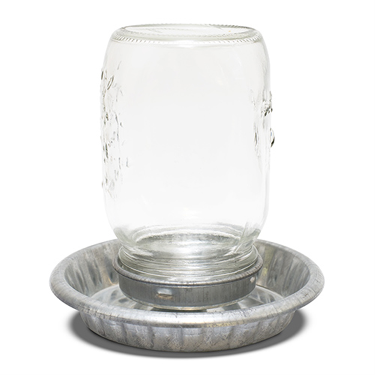 Clear glass jar chicken water holder with metal base on a white background