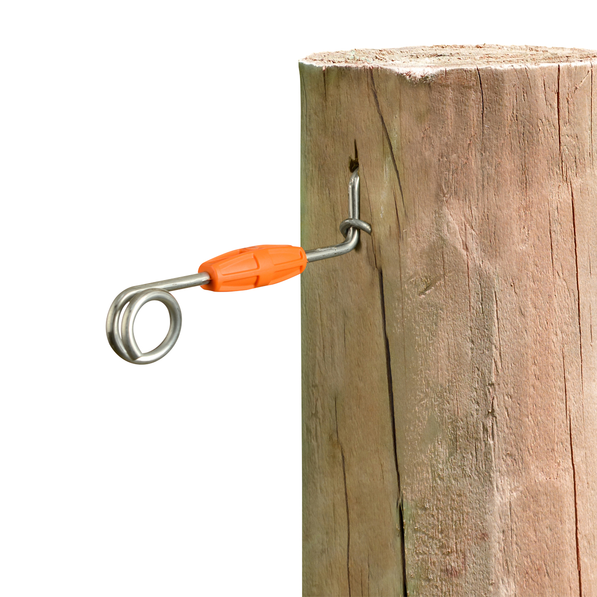 A 160mm Gallagher Live Tip Offset spring steel outrigger screw for timber posts.