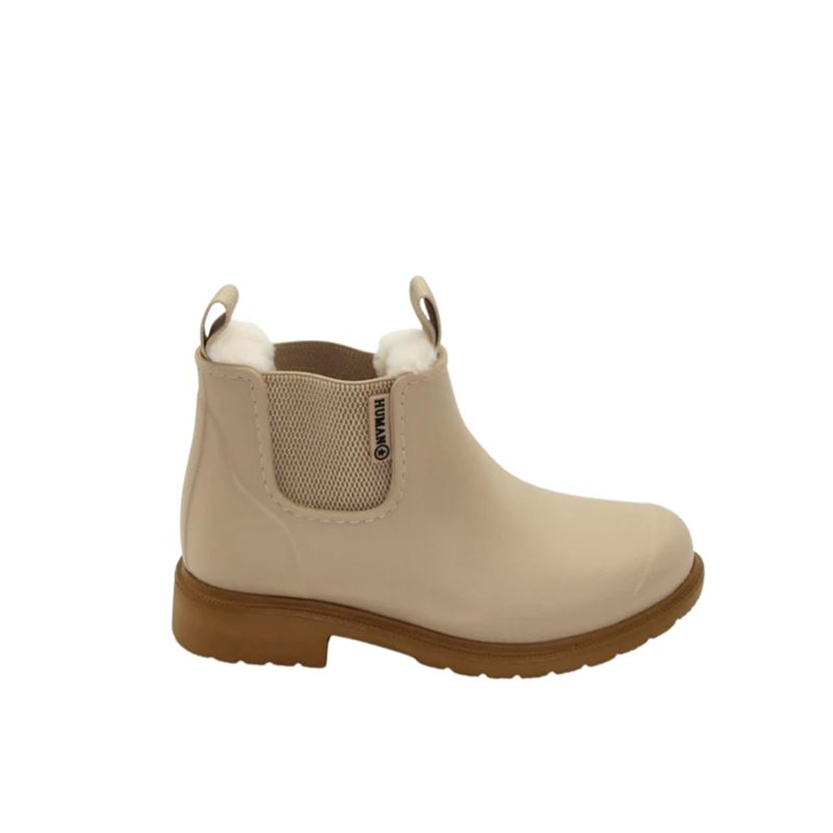 Beige Chelsea rain boot with brown sole on a white background