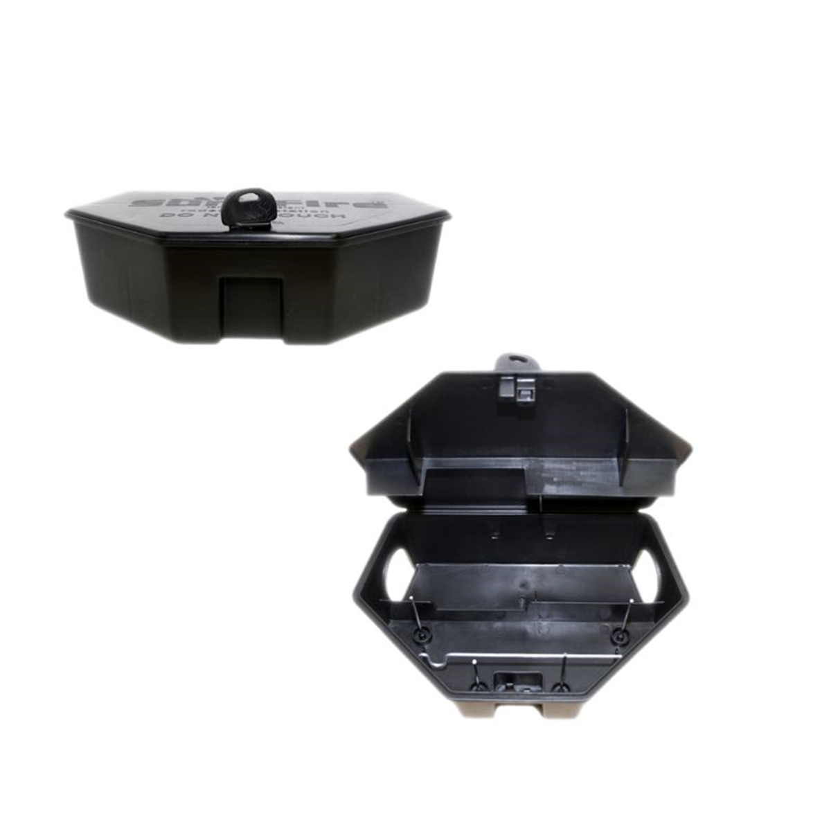 Black plastic container with a lid on a white background, bait station