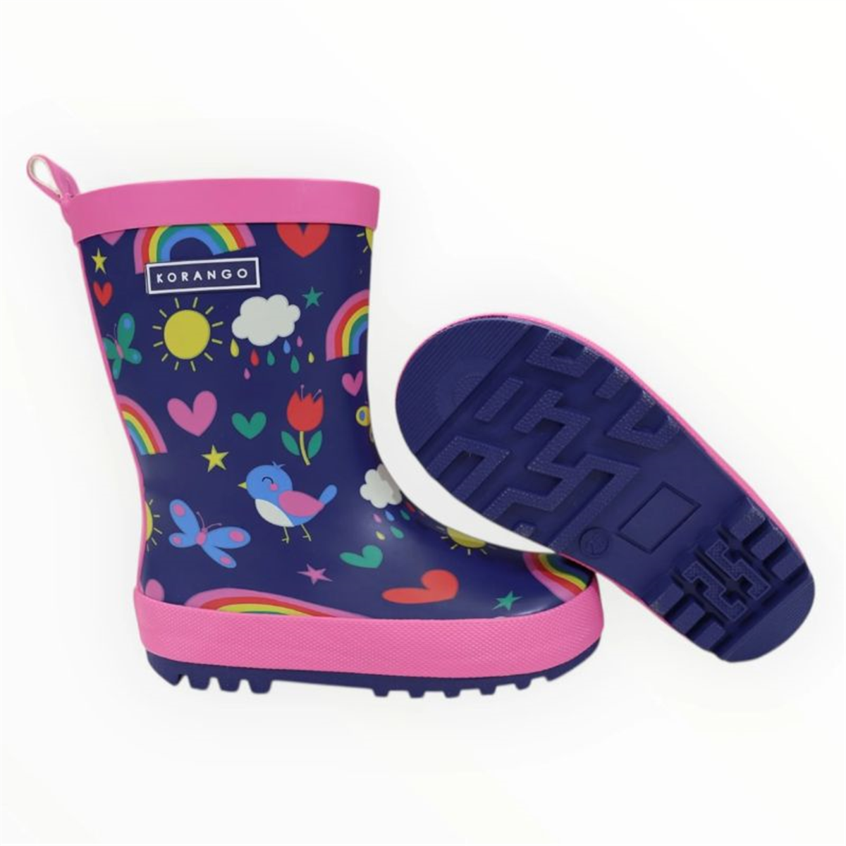 Korango girls' rain boot featuring rainbow, bird, and butterfly patterns, shown in side and sole view.