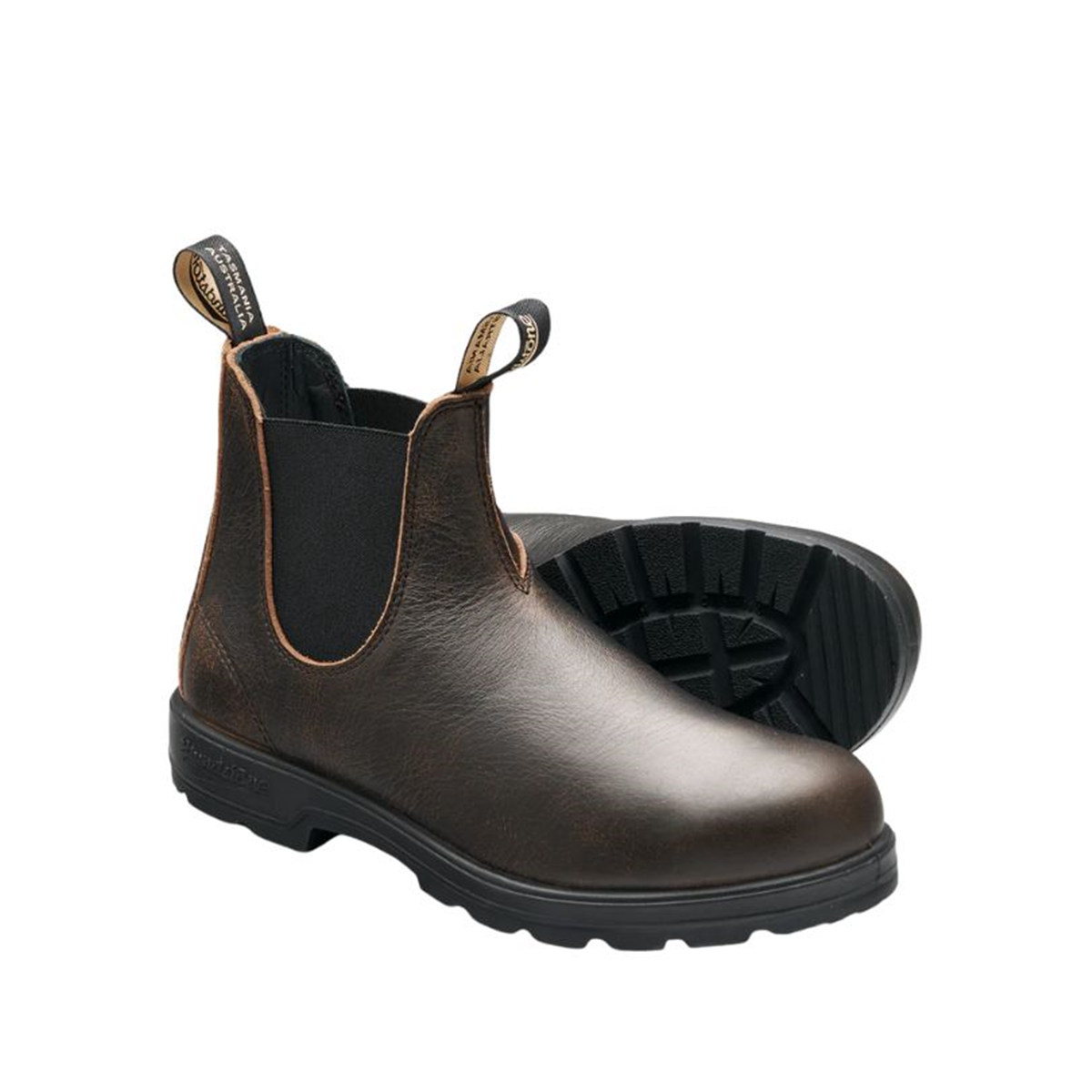 Side angle view of vintage brown Blundstone 2440 Classic Series Chelsea boots showing the elastic gusset and a partial view of the durable TPU outsole.