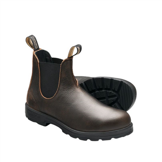 Side angle view of vintage brown Blundstone 2440 Classic Series Chelsea boots showing the elastic gusset and a partial view of the durable TPU outsole.