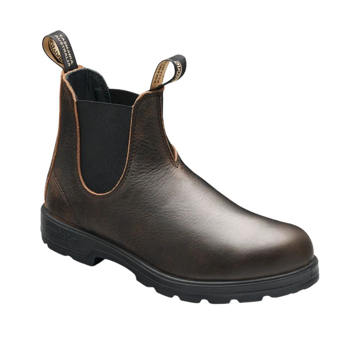 Side angle view of a single vintage brown Blundstone 2440 Classic Series Chelsea boot highlighting the elastic side panel.