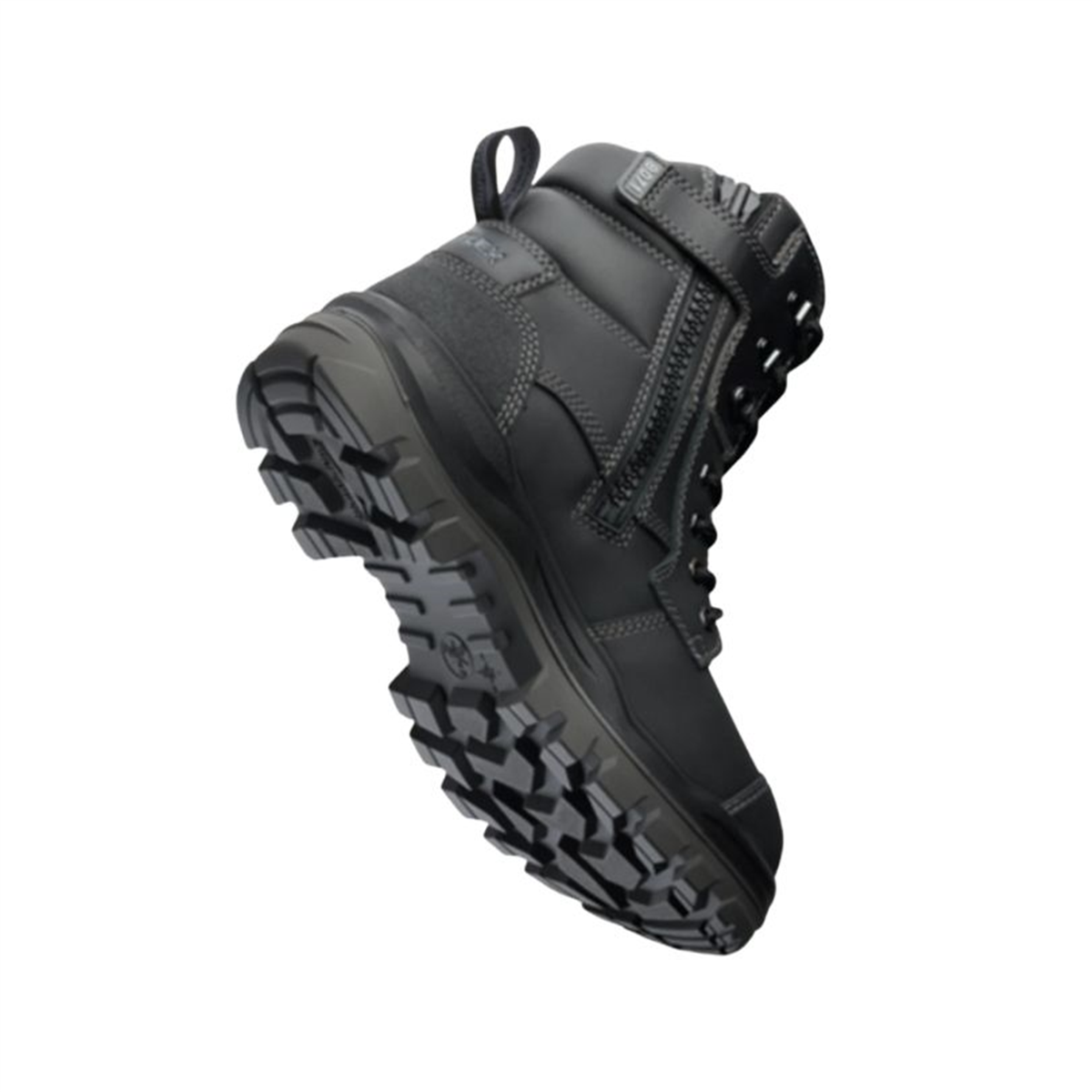 Inside face view of black Blundstone 8071 Rotoflex safety boot featuring the heavy-duty side zip and pull tab.