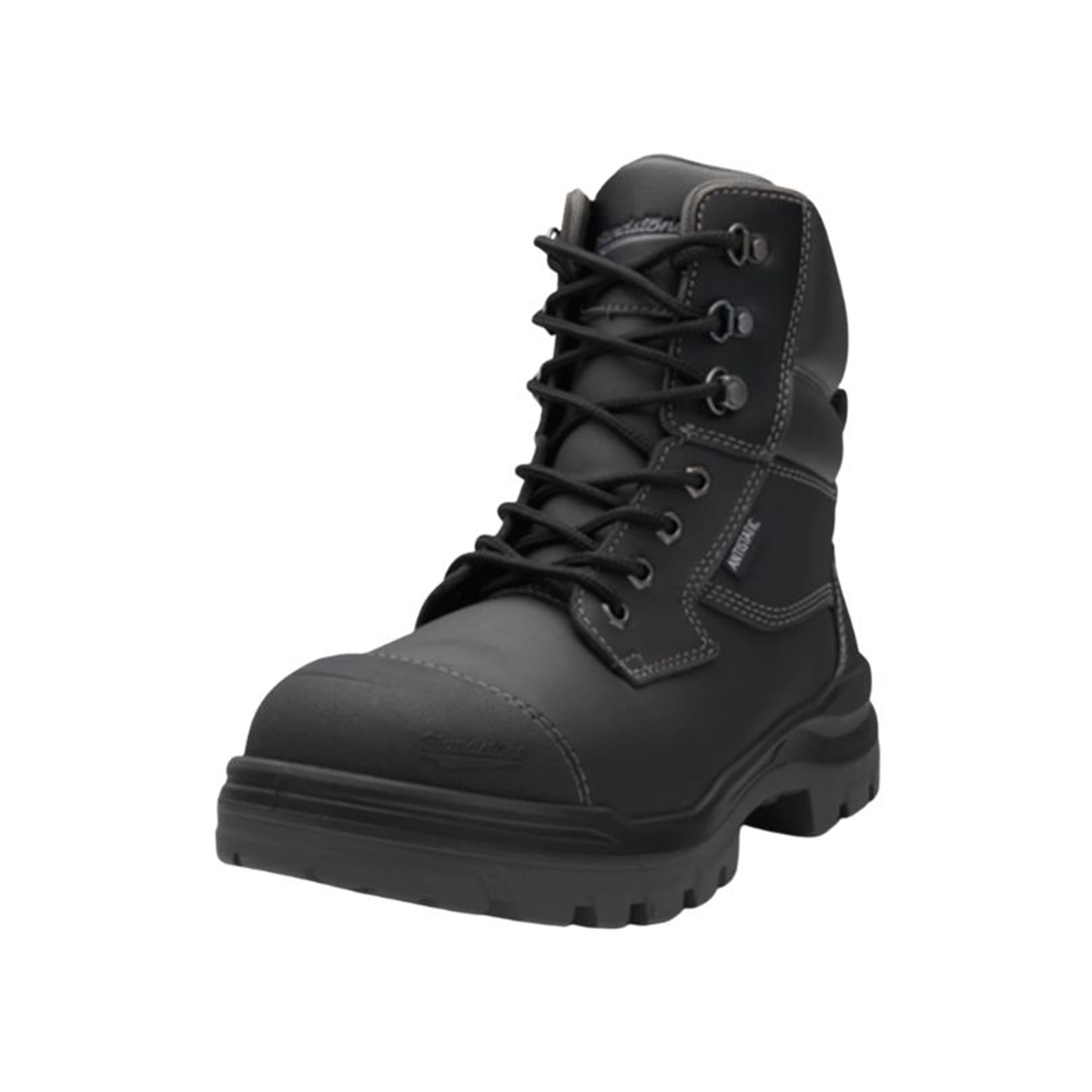 Front-facing view of black Blundstone 8071 Rotoflex safety boot showcasing the protective toe cap and lacing system