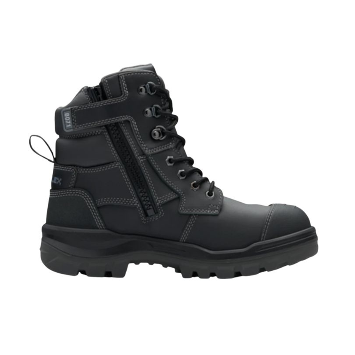 Inside face view of black Blundstone 8071 Rotoflex safety boot showcasing the heavy-duty zipper closure.