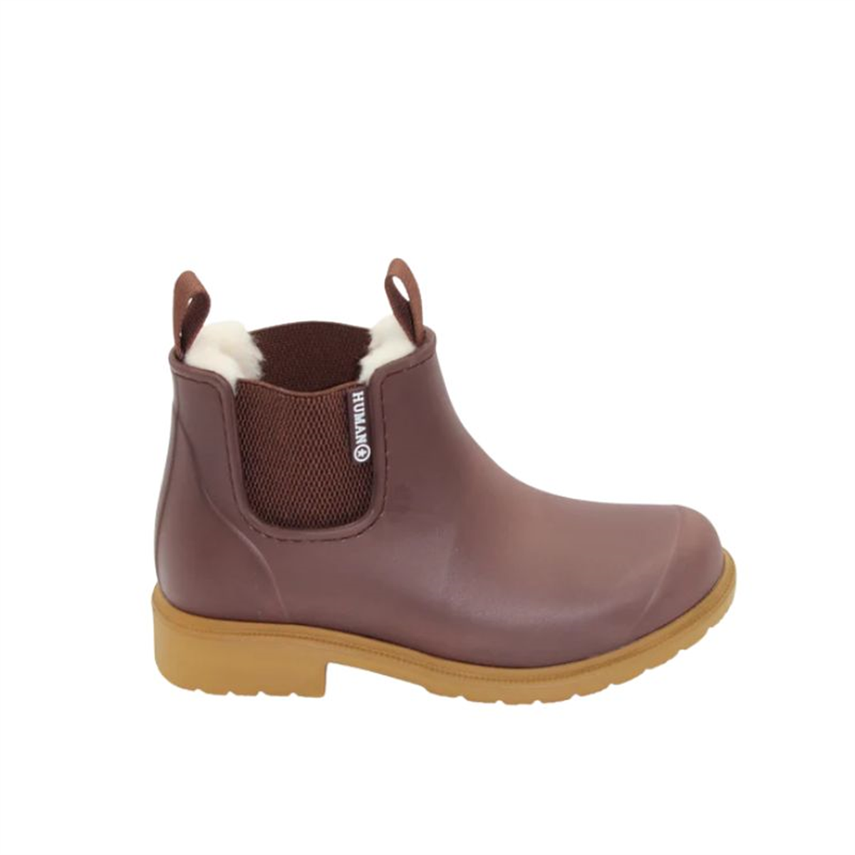 Brown ankle rain boot with tan sole on a white background