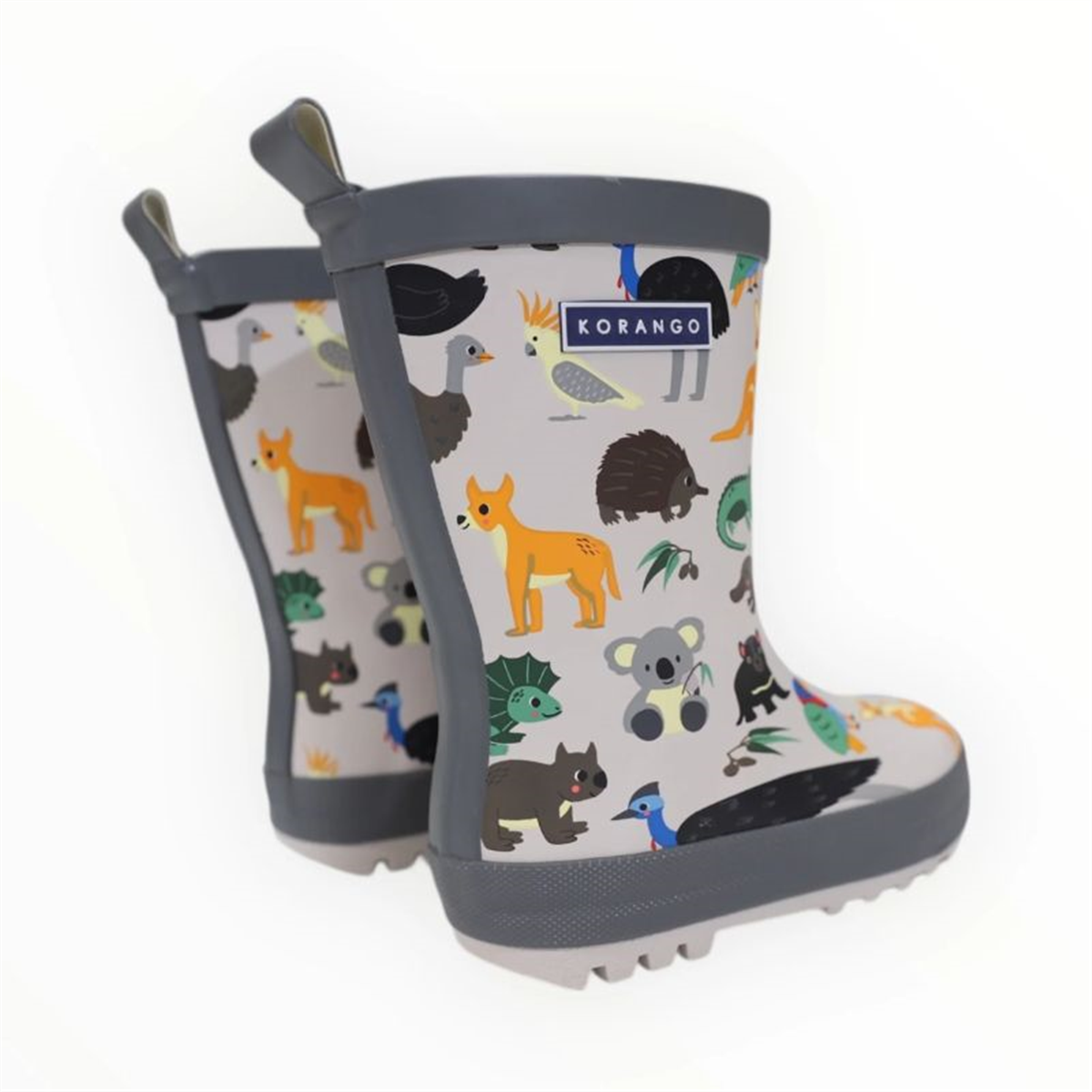 Korango children's rain boot with a grey trim and an Australian animal pattern featuring koalas and kangaroos, shown from a back side view