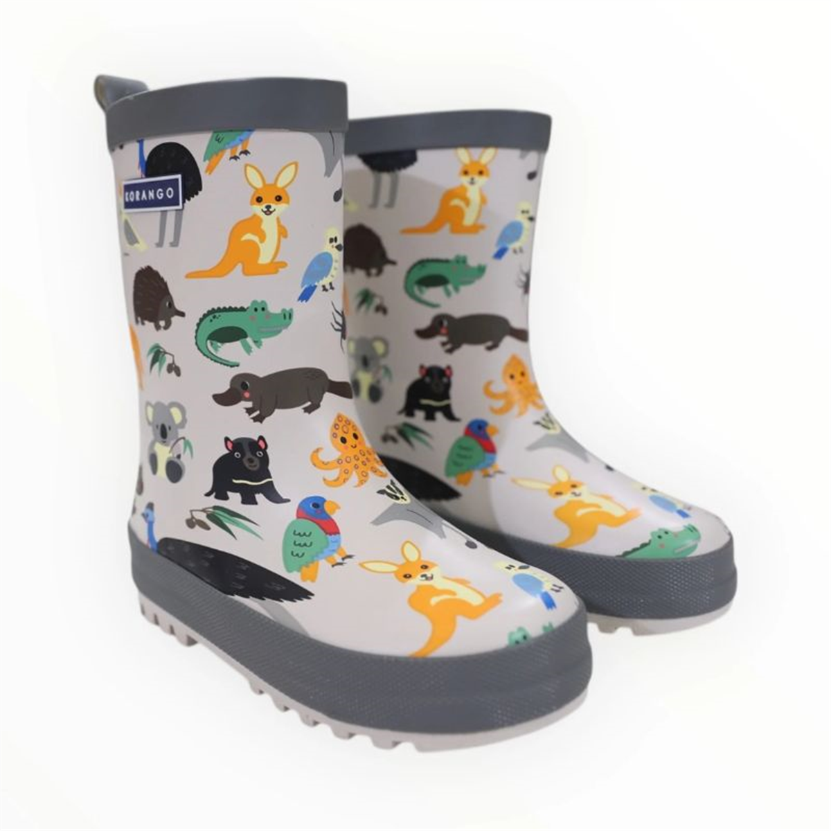 Korango children's rain boot with a grey trim and an Australian animal pattern featuring koalas and kangaroos, shown from a front side view