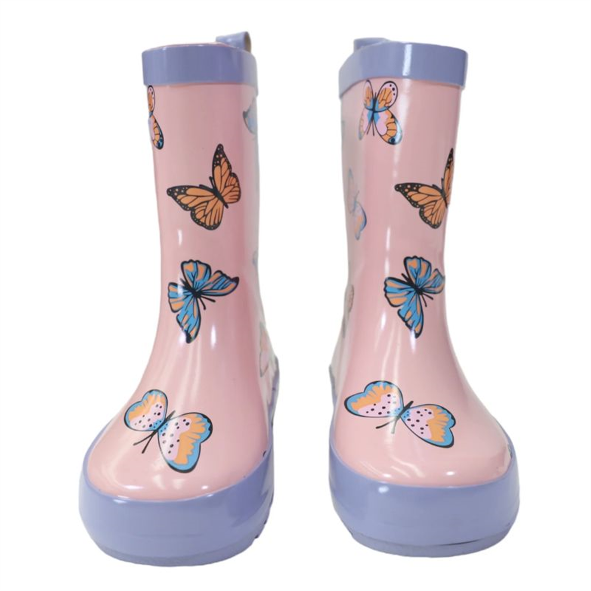 Korango children's pink rain boots featuring a colorful butterfly pattern and contrasting purple soles, shown in a front view