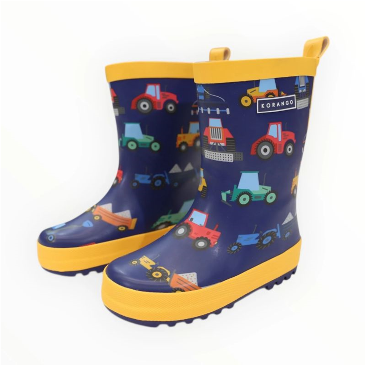 Korango children's rain boots with tractor pattern and yellow soles, front angle view