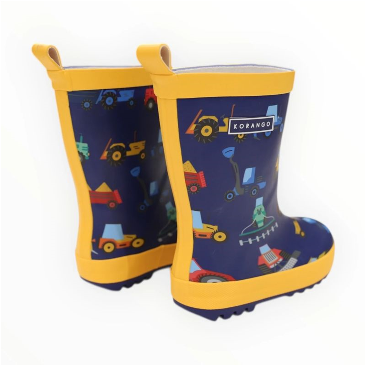 Korango children's rain boots with tractor pattern and yellow soles, back angle view