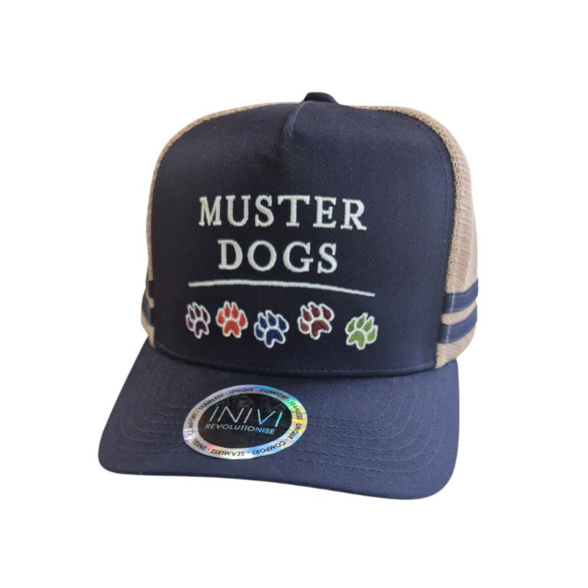 Navy blue cap with 'MUSTER DOGS' text and paw print designs on a white background