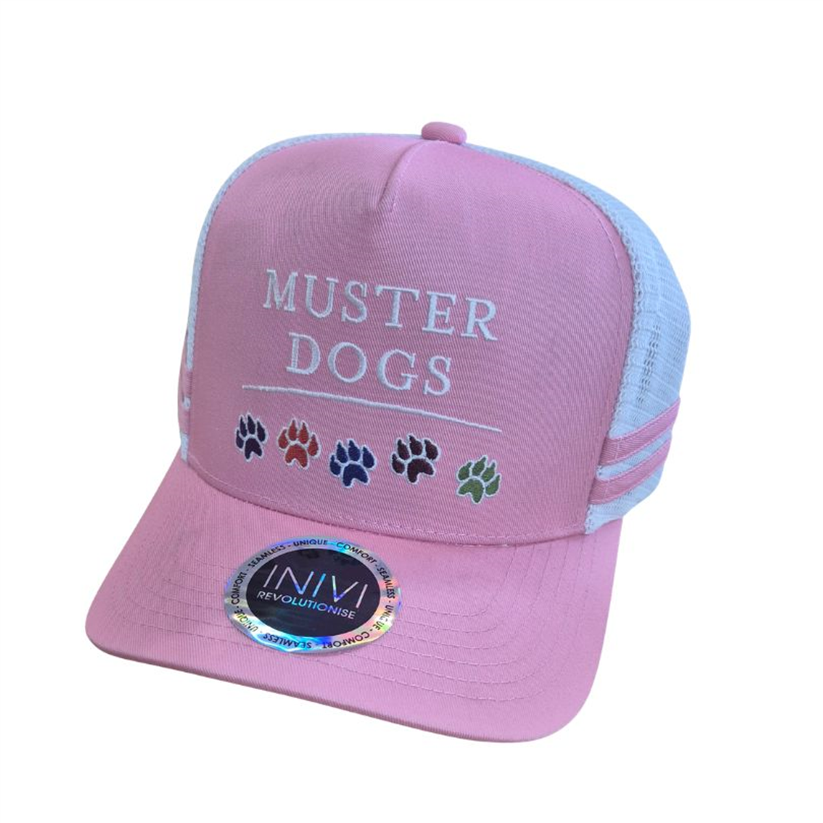 Pink cap with 'Muster Dogs' text and paw prints on a white background