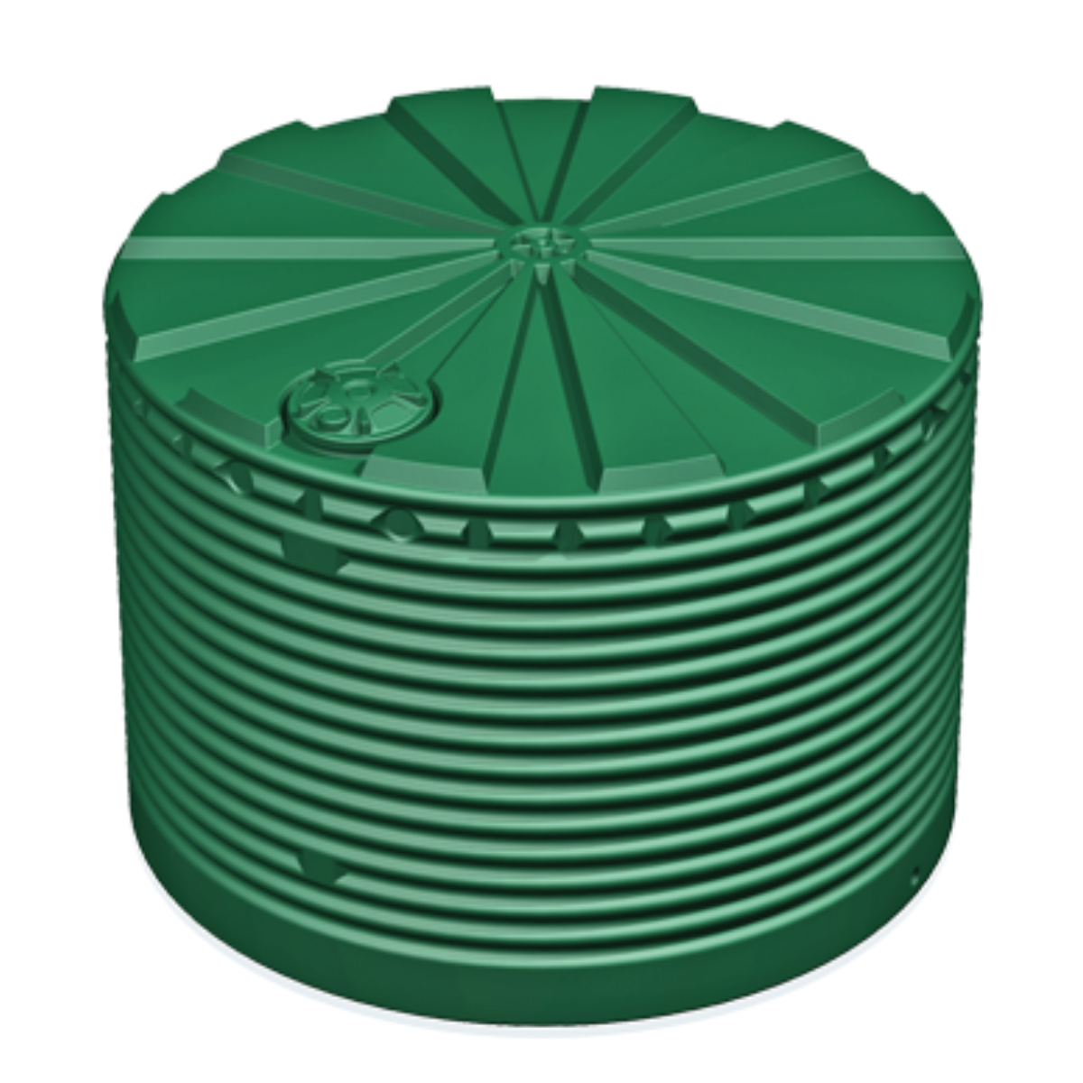 Green plastic water storage tank with a lid on a white background