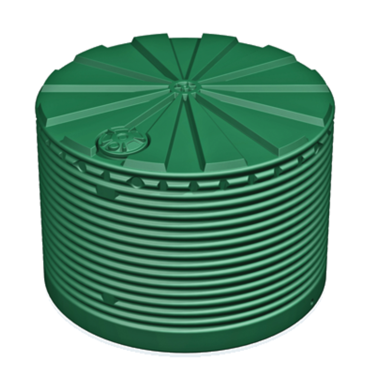 Green plastic rain water storage tank with a lid on a white background