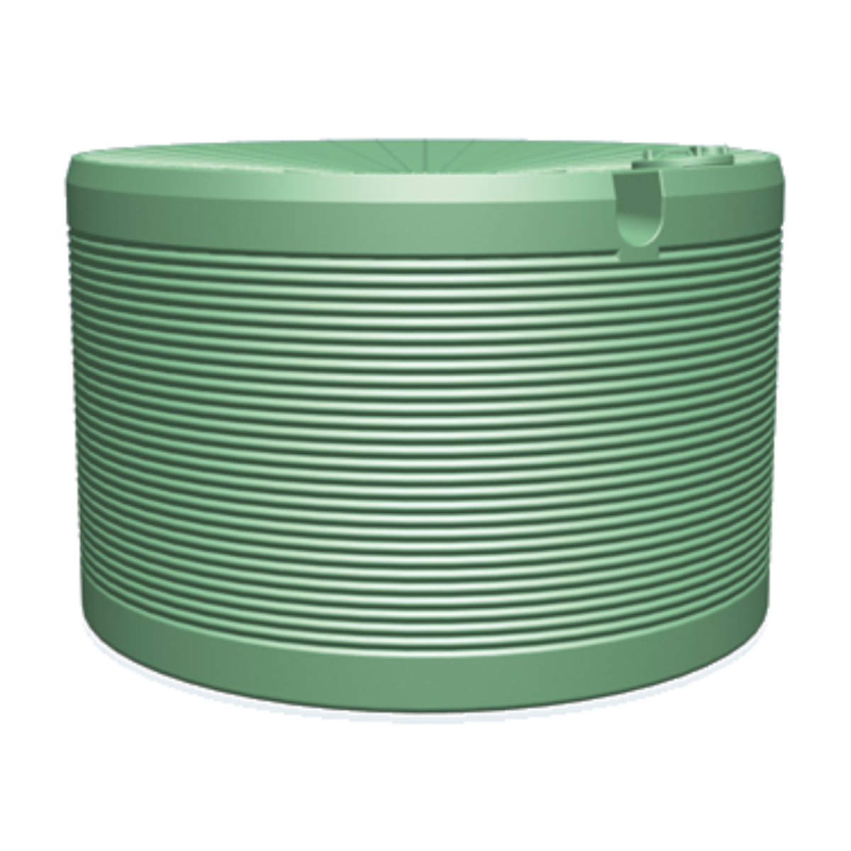 Green plastic water tank with ribbed design on a white background