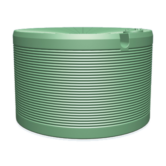 Green plastic water tank with ribbed design on a white background