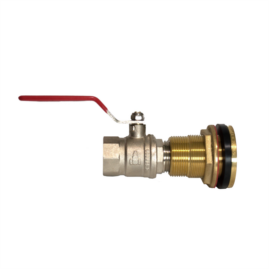Brass valve with red lever on a white background