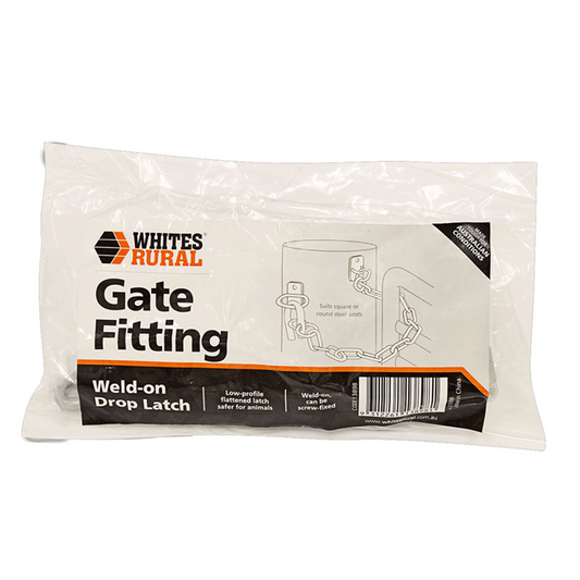 Packaged Whites Rural gate fitting with weld-on drop latch on a white background
